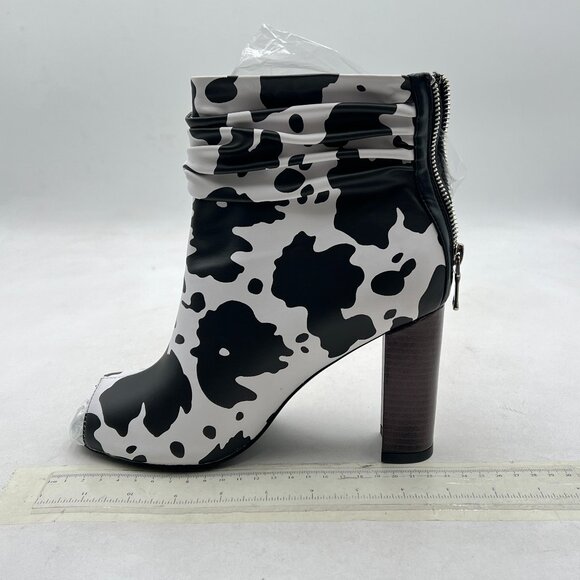 FSJ Shoes - FSJ Black Cow Peep Toe Slouch Ankle Boots Chunky Stacked Heels Party Prom Shoes